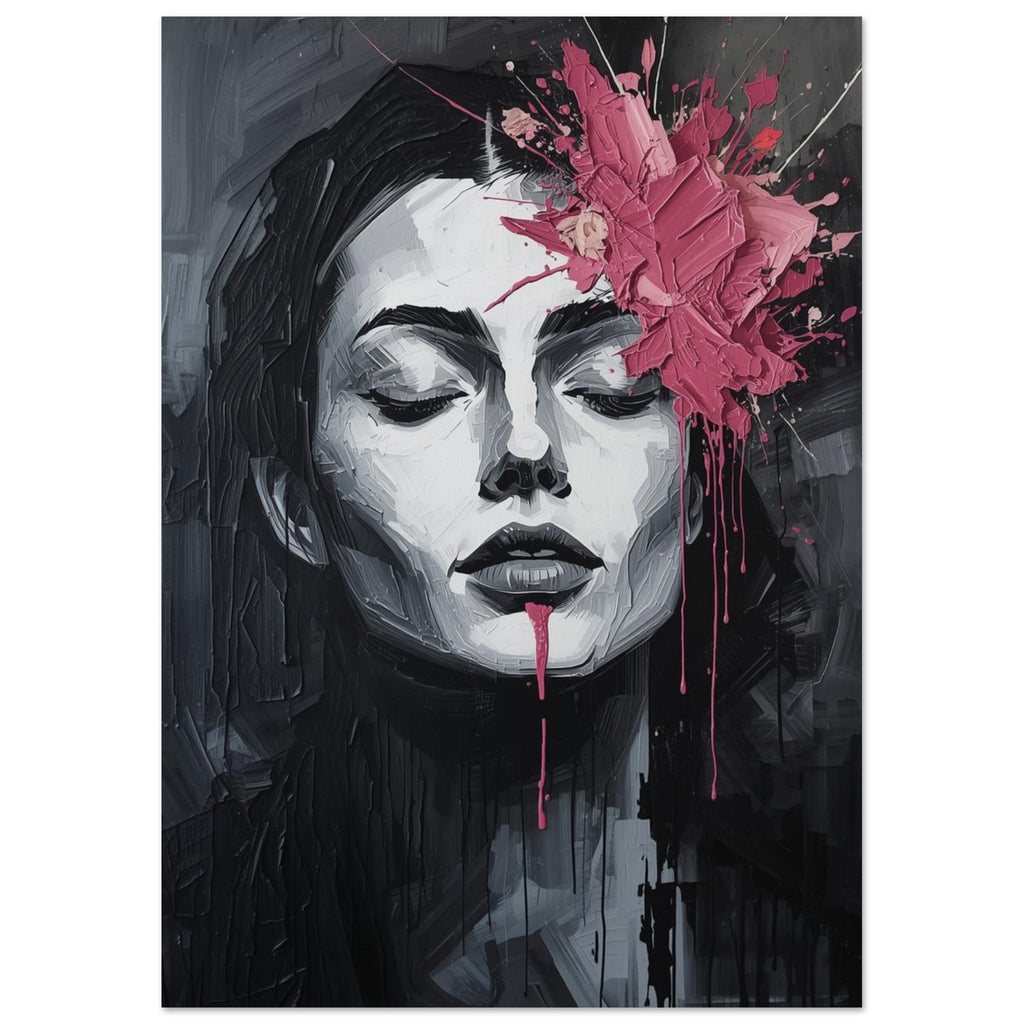 Woman with closed eyes painted in black, white and grey, with thick pink splashes across her forehead and long drips.