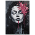 Woman with closed eyes painted in black, white and grey, with thick pink splashes across her forehead and long drips.