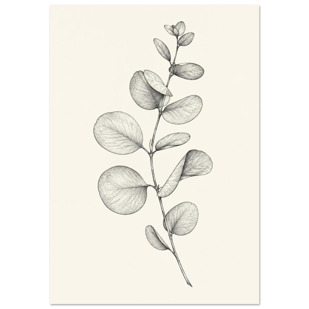 Eucalyptus stem with rounded, overlapping leaves drawn in fine black and grey lines on a plain cream background.