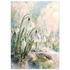 White snowdrops on curved green stems against loose watercolour washes of pale blue, pink and cream.