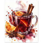 Watercolour glass of mulled wine with cinnamon sticks, star anise and orange slices