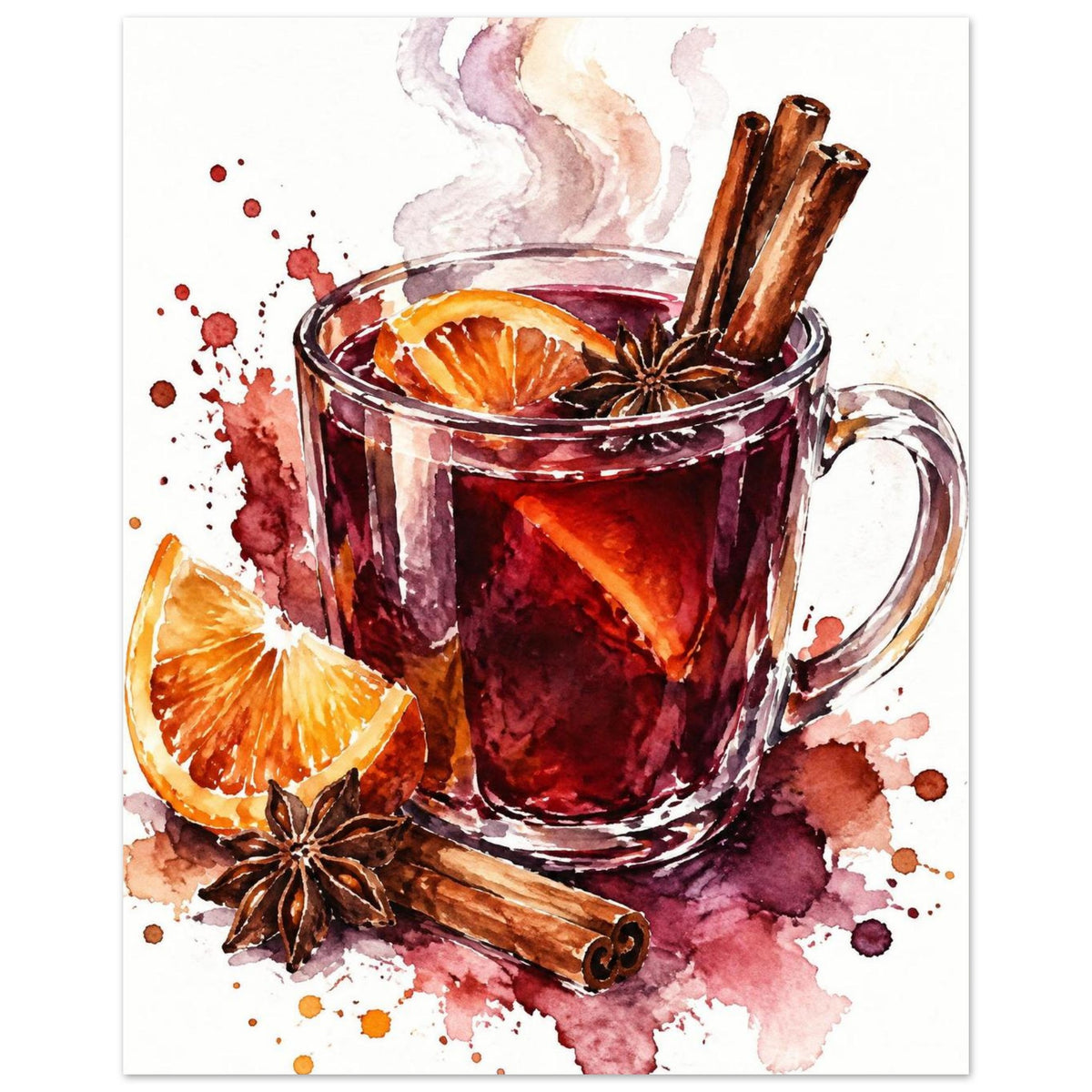 Watercolour glass of mulled wine with cinnamon sticks, star anise and orange slices