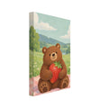 Brown bear holding a large strawberry on a pink checked picnic blanket in a green meadow with daisies and cream clouds.
