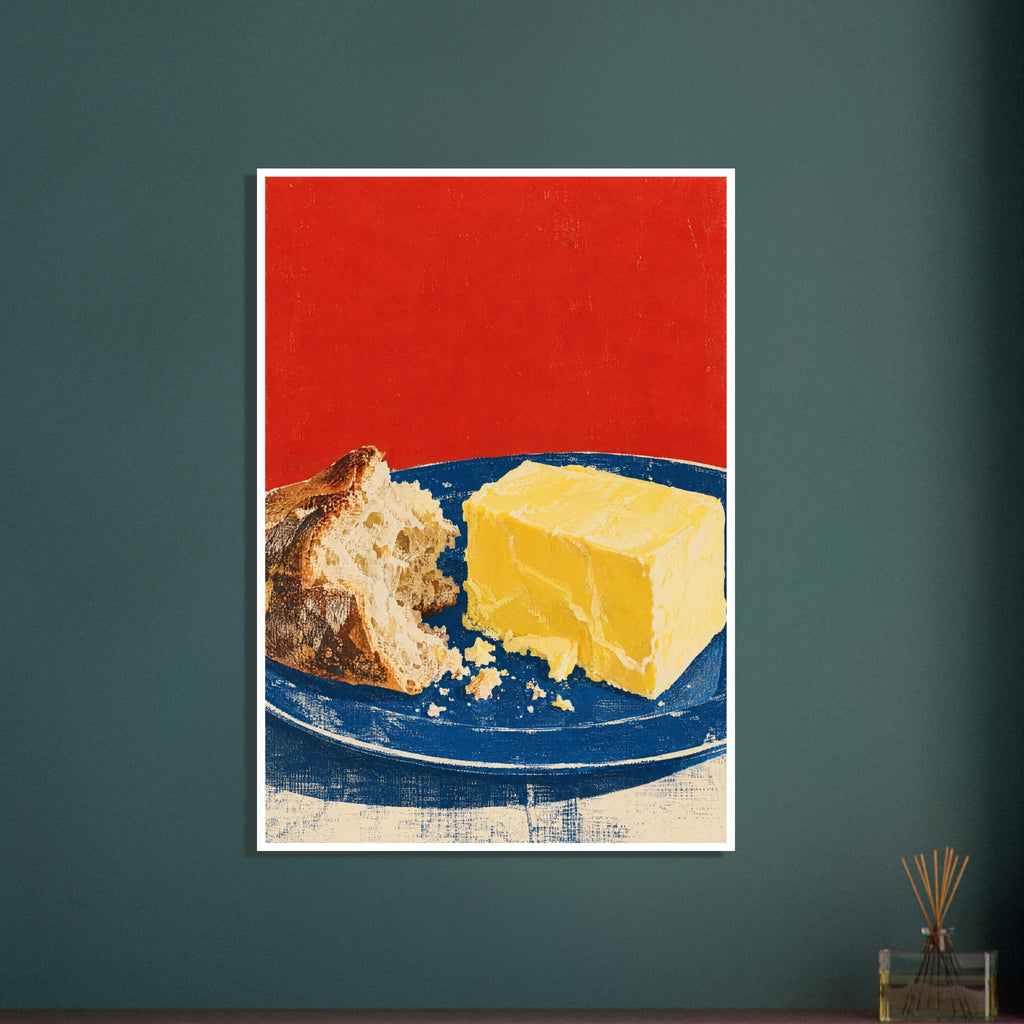 Torn crusty bread and a yellow block of butter on a blue plate against a textured red background.