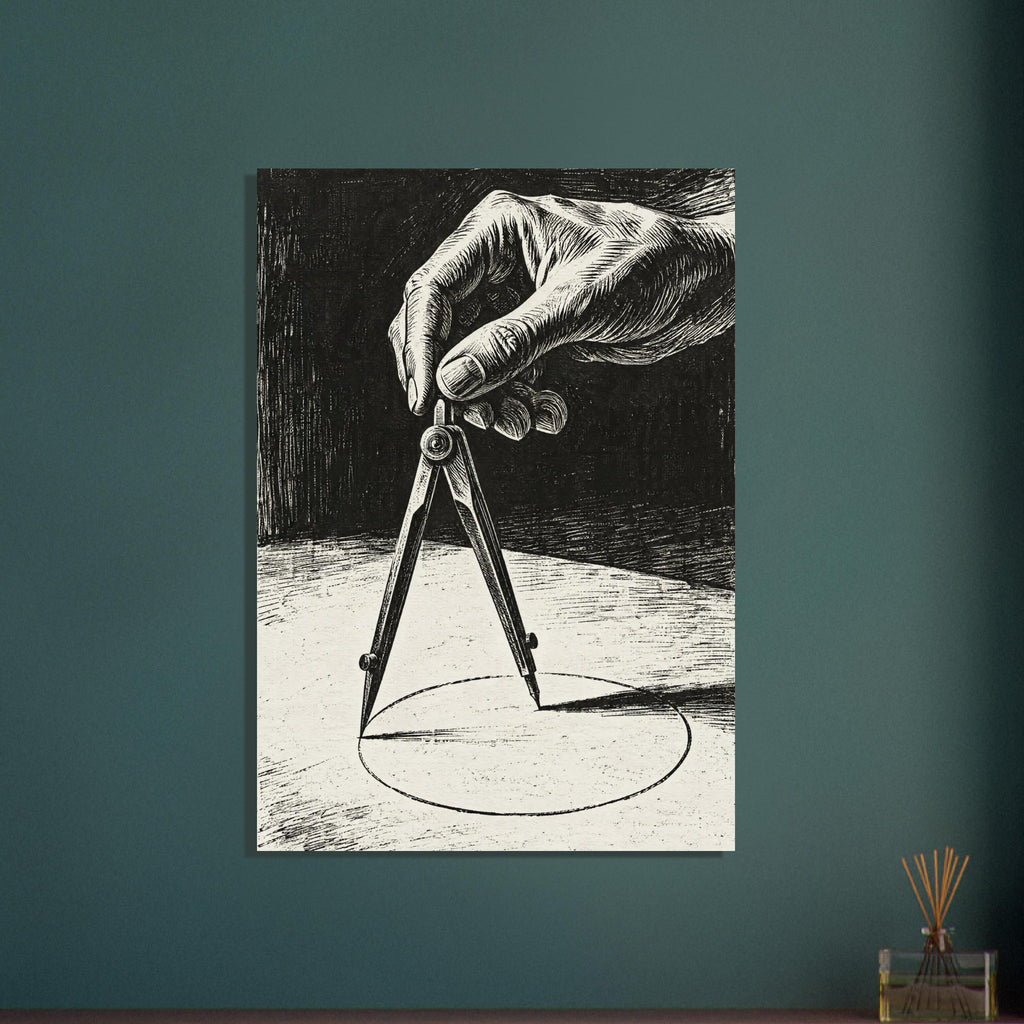 Hand holding a drawing compass over a circle, rendered in detailed black hatching against a cream surface and dark background