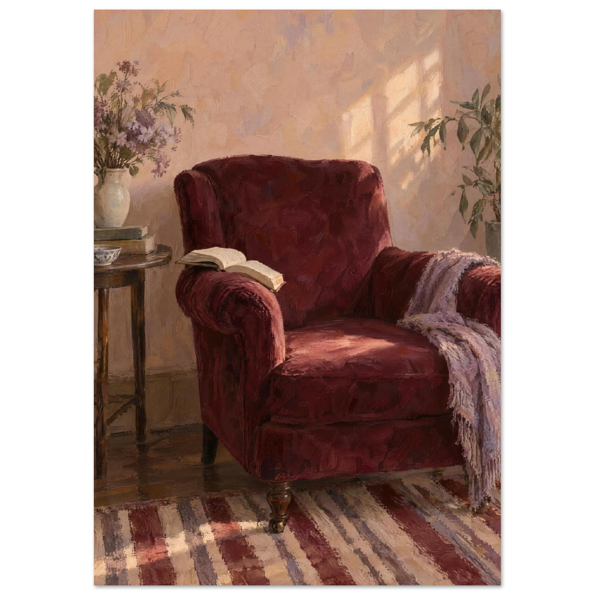 The Reading Chair painting showing a burgundy armchair with an open book, a cropped striped rug and afternoon light.