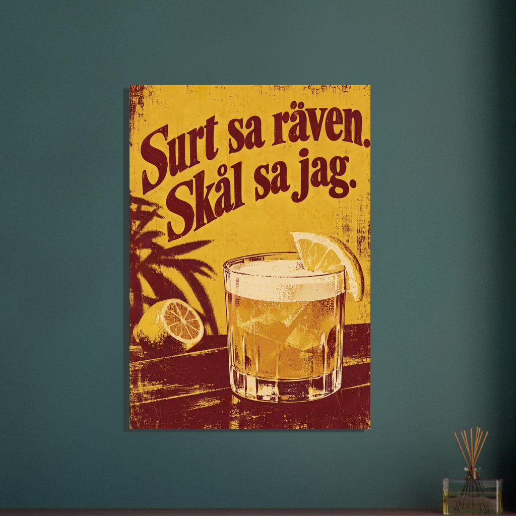Lemon cocktail with ice beside a halved lemon, beneath burgundy Swedish lettering on a distressed yellow background.