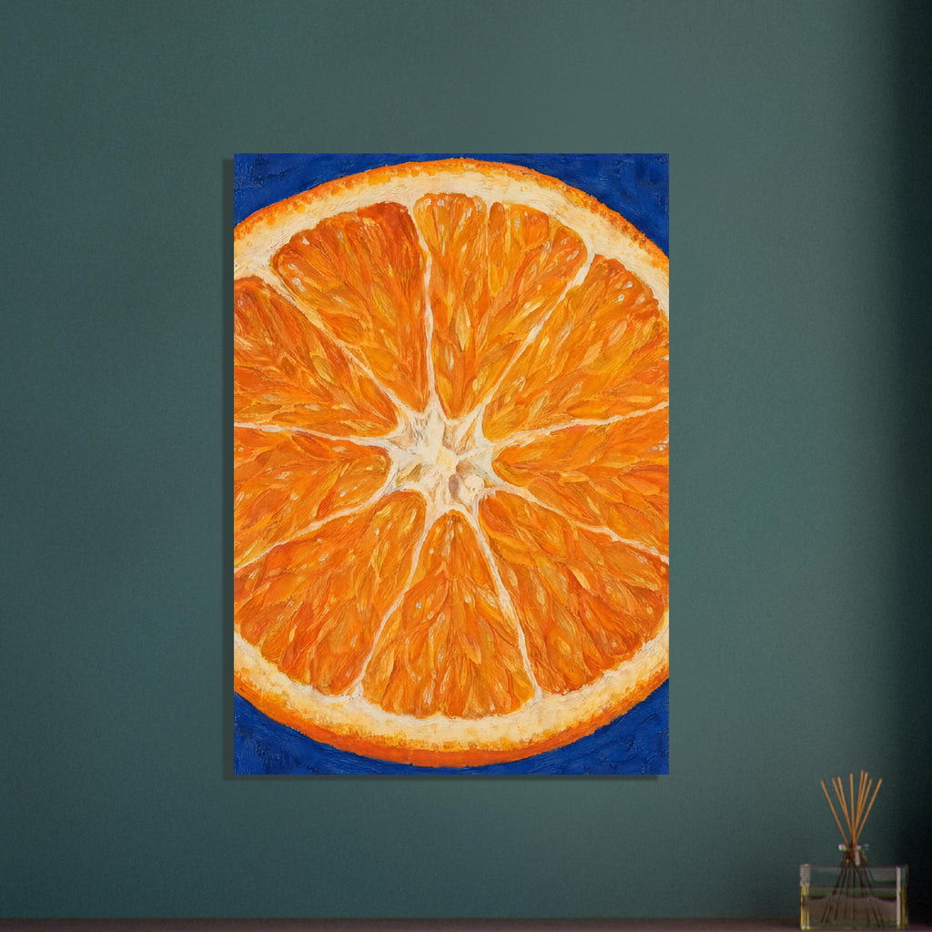 Genomskuren apelsin i kraftig förstoring med orange fruktkött och vit märg mot ultramarinblå bakgrund.