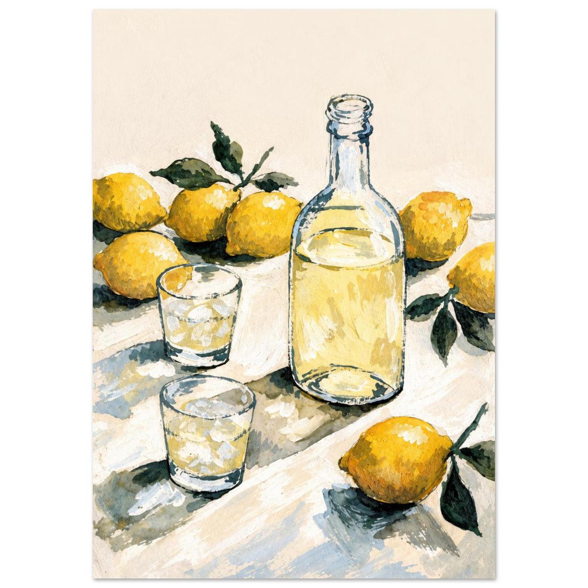 Yellow lemons with green leaves surround a clear bottle and two glasses of pale yellow liquid on a cream tabletop.
