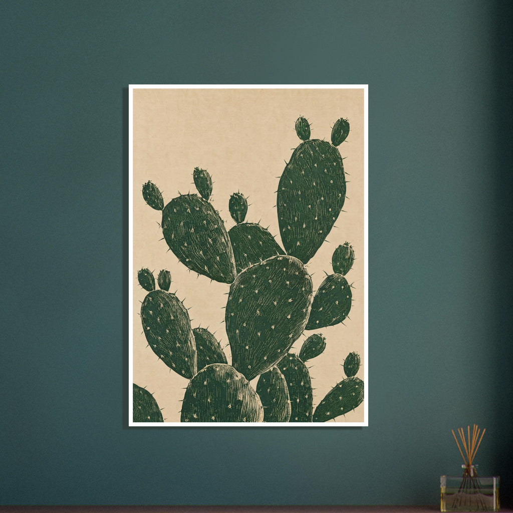 Prickly pear cactus with overlapping dark green oval pads, fine pale markings and spines against a textured beige background.