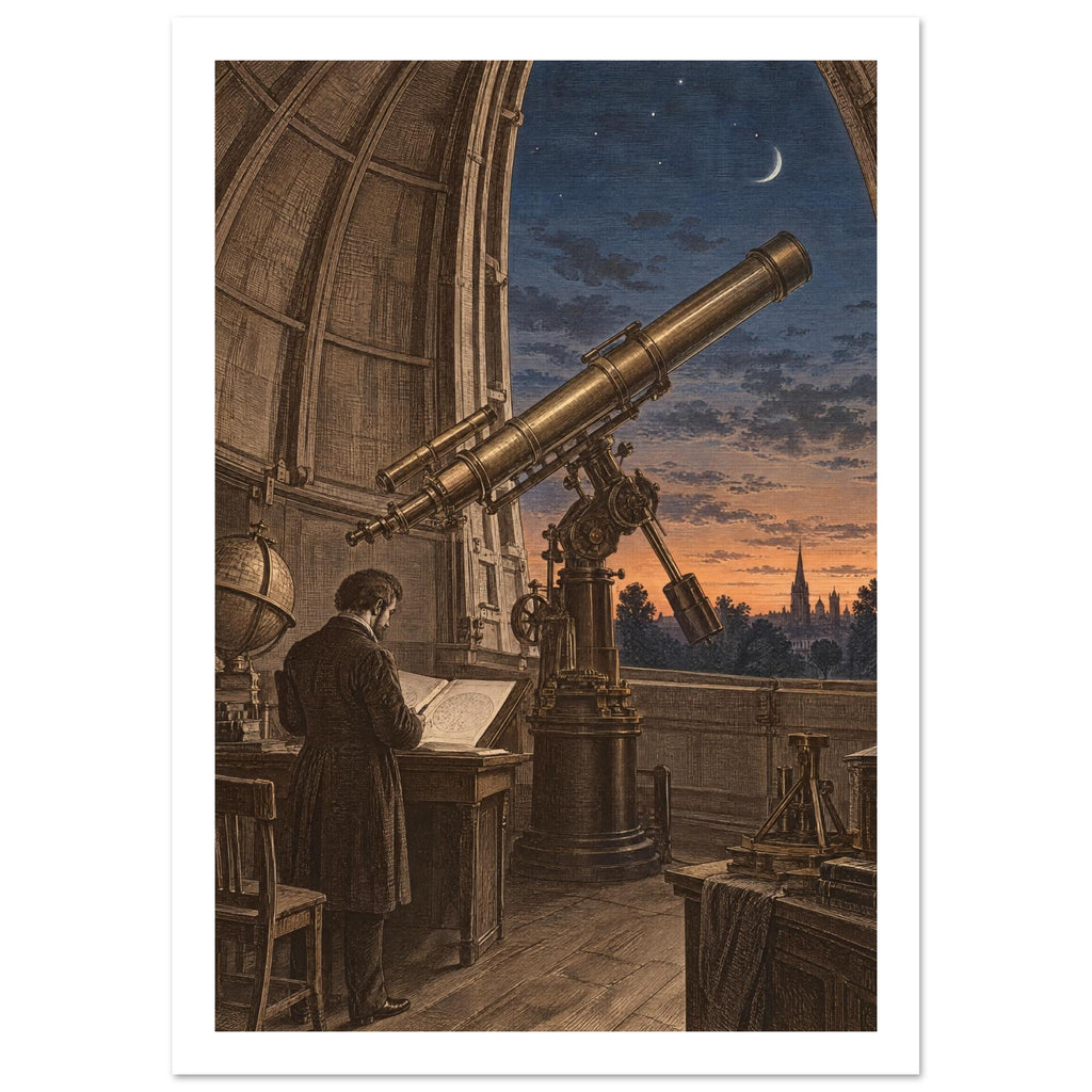 Large brass-toned telescope in an observatory, with a figure studying a chart beneath a blue sky and crescent moon.