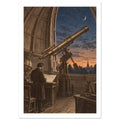 Large brass-toned telescope in an observatory, with a figure studying a chart beneath a blue sky and crescent moon.
