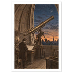 Large brass-toned telescope in an observatory, with a figure studying a chart beneath a blue sky and crescent moon.