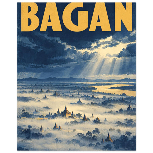 Bagan temples rising through mist beneath blue storm clouds and sunbeams, with a golden river and bold yellow BAGAN text.