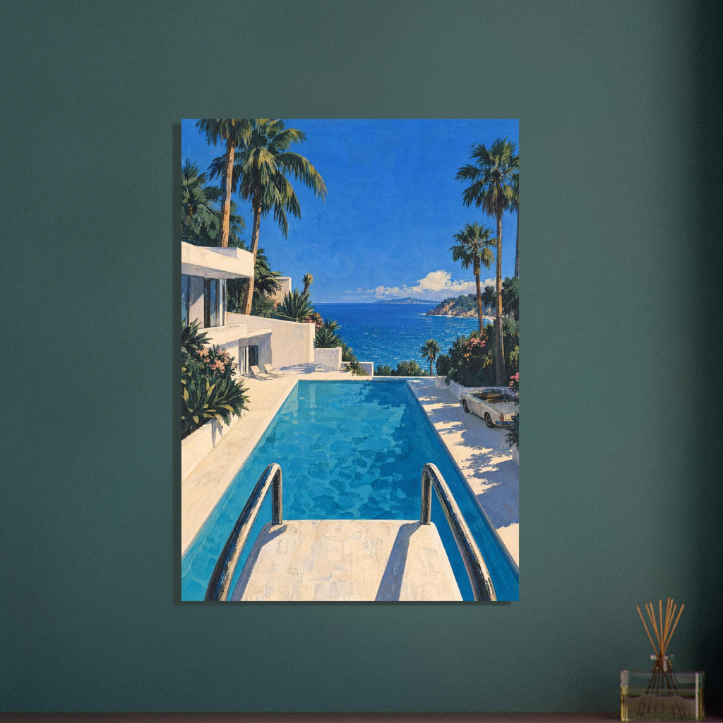 Turquoise swimming pool with foreground handrails, a cream villa, palm trees and a convertible overlooking the blue sea.