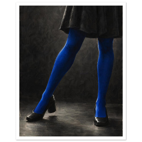 Cobalt Stockings, cropped legs in blue tights and black shoes forming an angular pose against a charcoal studio background.