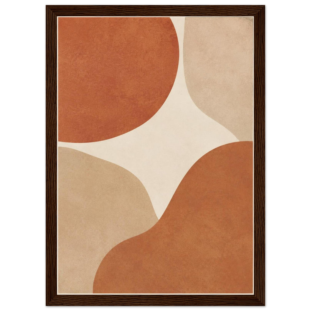 Abstract burnt orange and beige curved shapes on a cream background, with mottled texture and a narrow cream border.