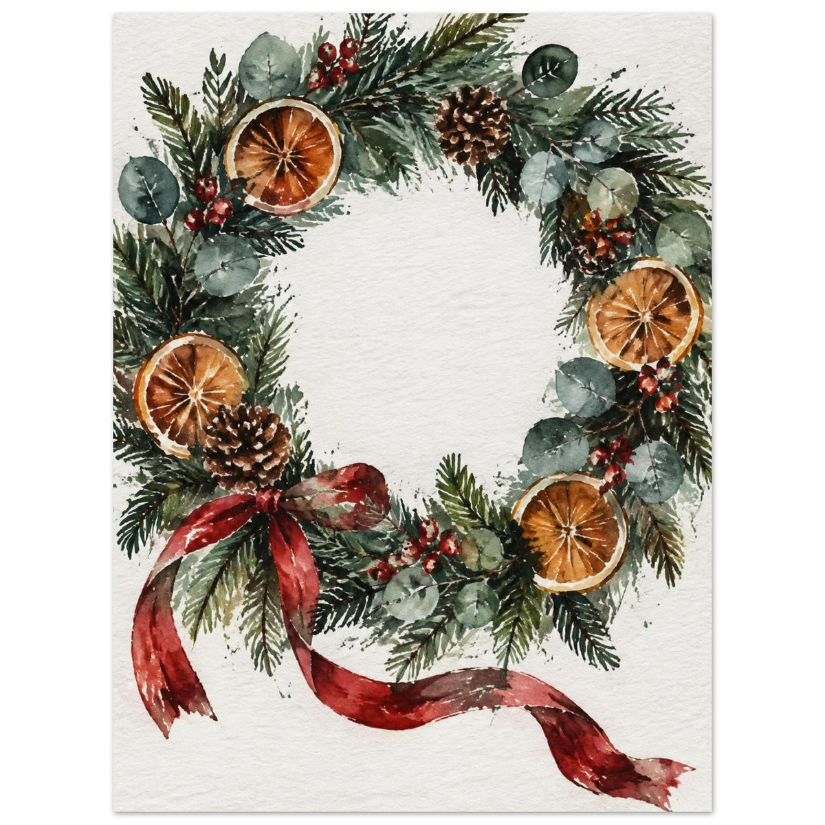 Watercolour Christmas wreath of spruce, eucalyptus, dried oranges and a red ribbon