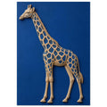 Beige giraffe with blue patches and a raised, sculptural appearance against a textured cobalt blue background.