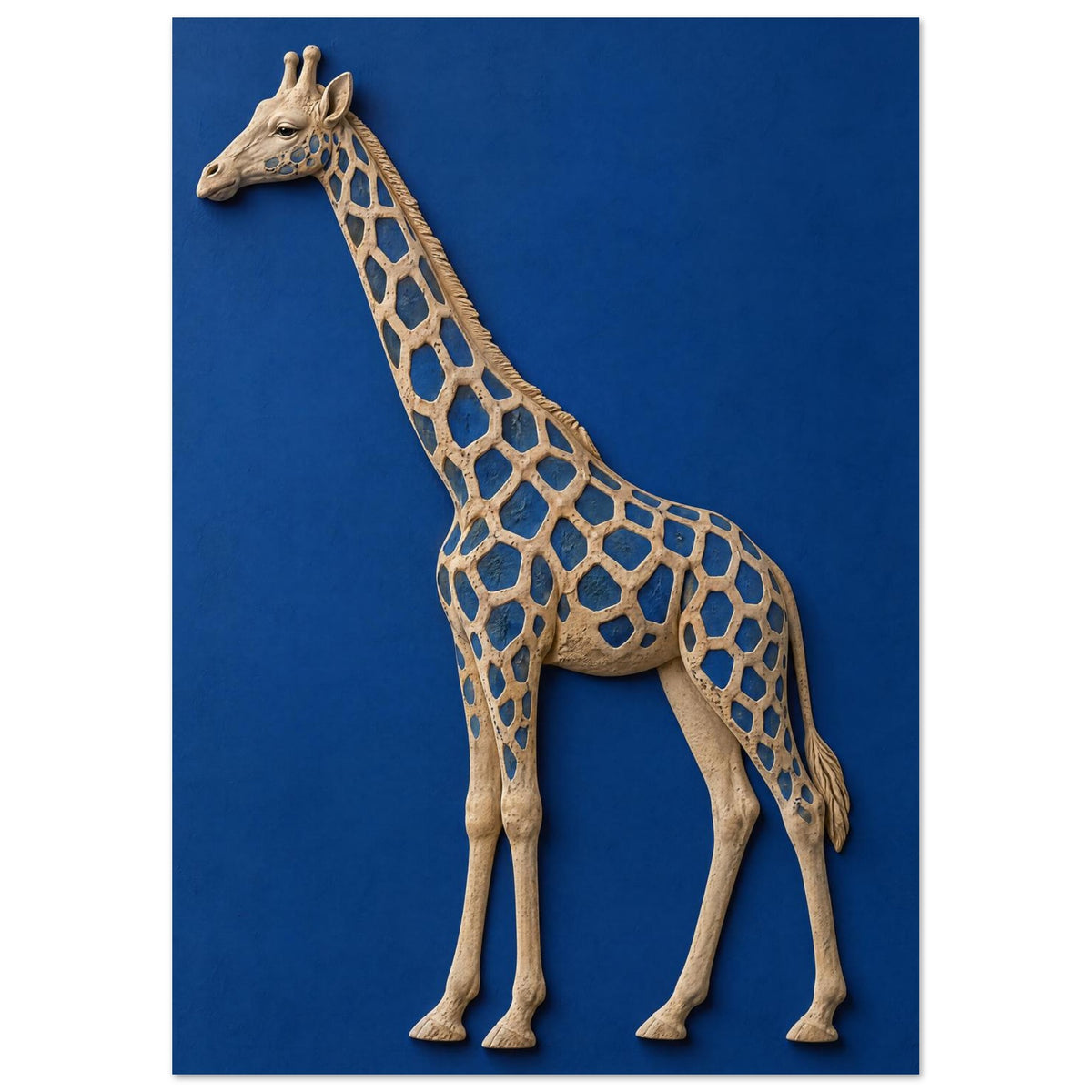 Beige giraffe with blue patches and a raised, sculptural appearance against a textured cobalt blue background.