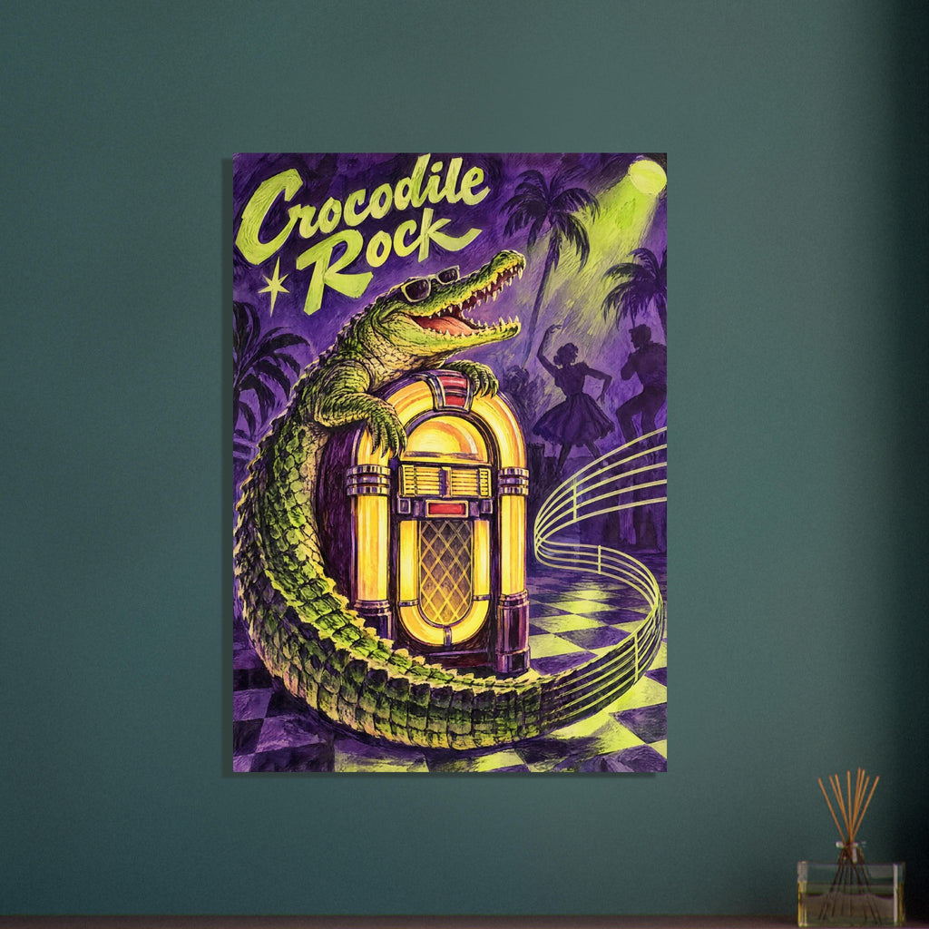 Crocodile in sunglasses leaning on a yellow jukebox, with purple palms, dancers and large “Crocodile Rock” lettering.