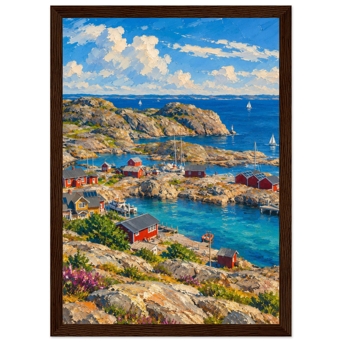 Rocky harbour with red cabins, wooden jetties and sailboats on blue water beneath cream clouds, with flowers in front.