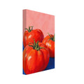 Three red tomatoes with green stems on a vivid blue surface against a pink background, painted with broad brushstrokes.