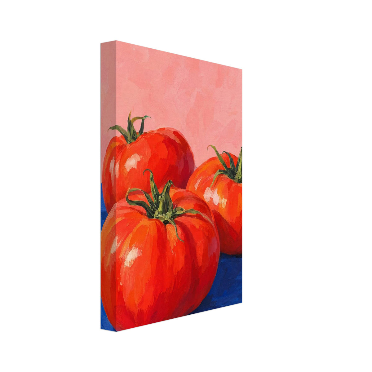 Three red tomatoes with green stems on a vivid blue surface against a pink background, painted with broad brushstrokes.