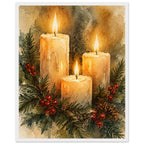 Watercolour painting of three lit advent candles with spruce sprigs and red berries