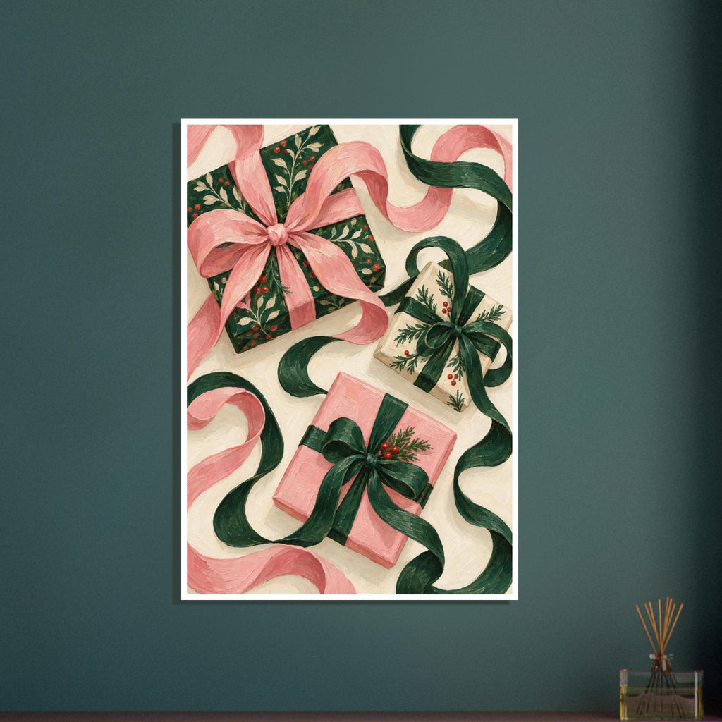 Three pink, green and cream wrapped gifts with large bows, curling ribbons, leafy sprigs and red berries.