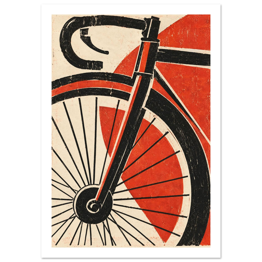 Bicycle front wheel, fork and drop handlebar in black against red geometric shapes and a distressed cream background.