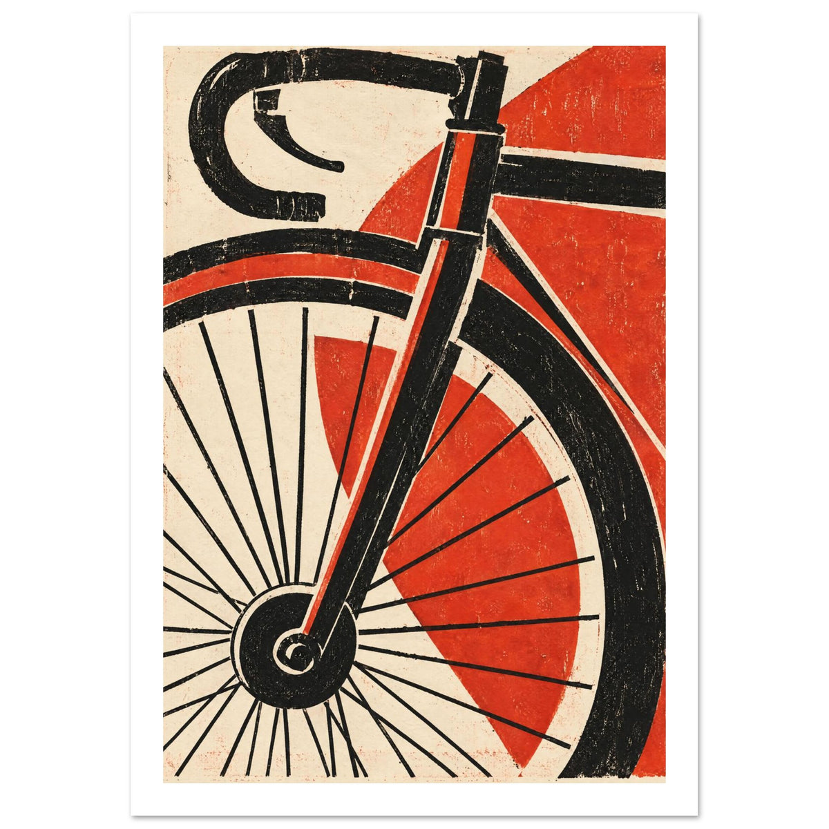 Bicycle front wheel, fork and drop handlebar in black against red geometric shapes and a distressed cream background.
