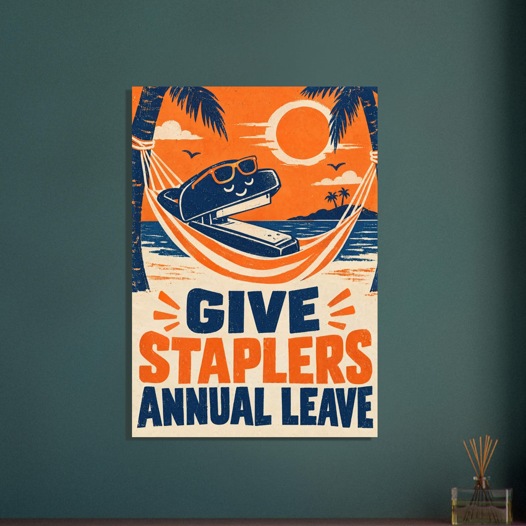 Stapler wearing sunglasses in a hammock between palms, with orange sun and text reading “Give Staplers Annual Leave”.