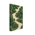 Cream river winding through dense green jungle with palms, broad leaves, a toucan and a spotted wild cat.