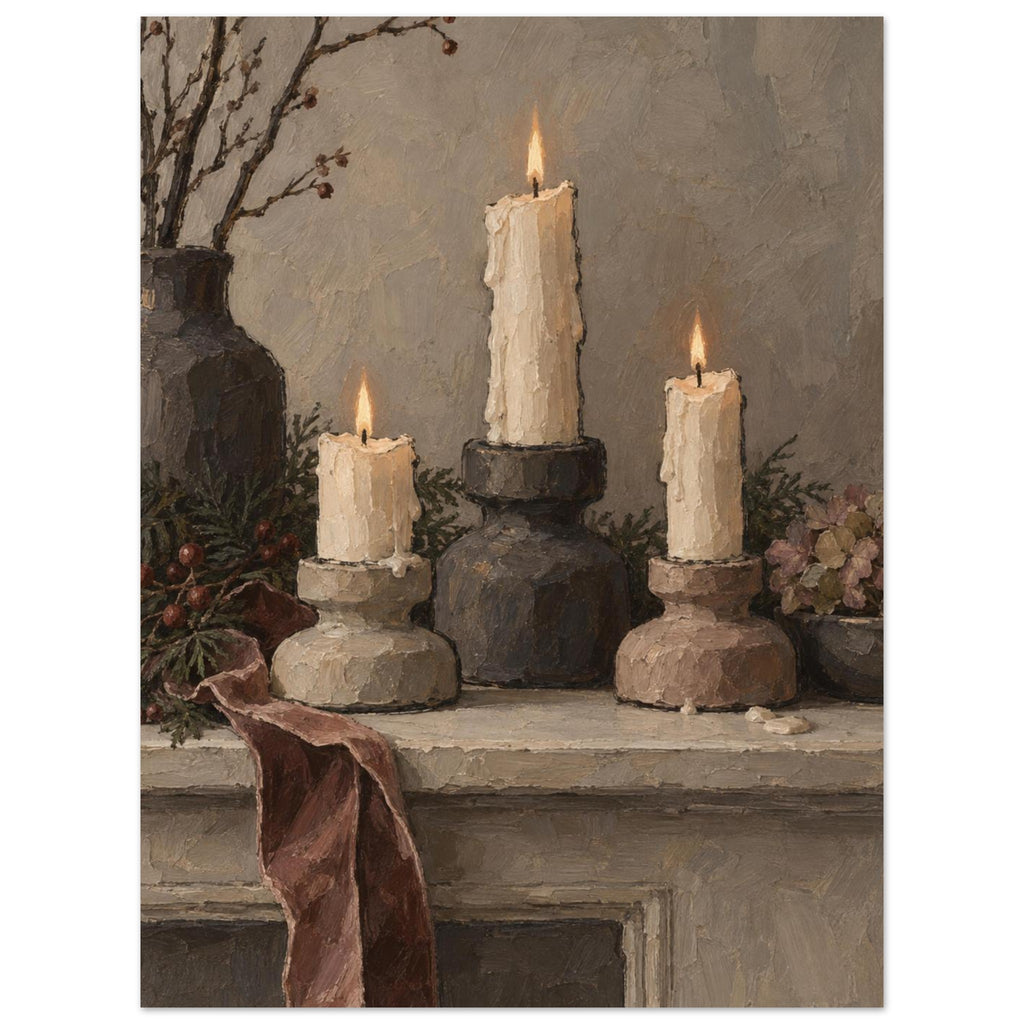 Quiet Christmas Candlelight shows three squat candleholders with uneven ivory candles and a velvet ribbon on a narrow neutral