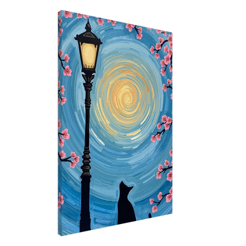 Black cat beside a glowing street lamp, framed by pink blossom branches against a swirling blue and yellow sky.