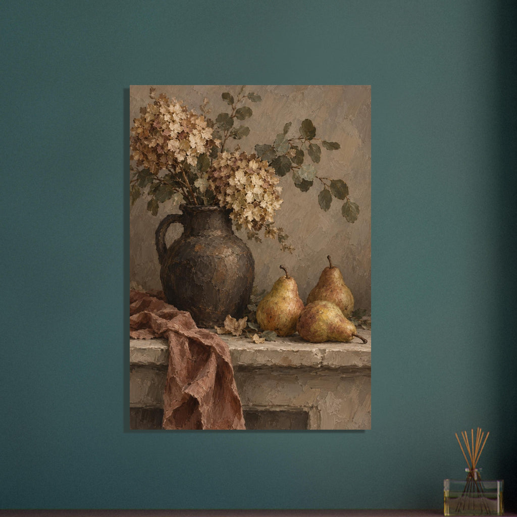 Cream flowers and green foliage in a dark jug beside three golden pears, with brown fabric draped over a stone ledge.