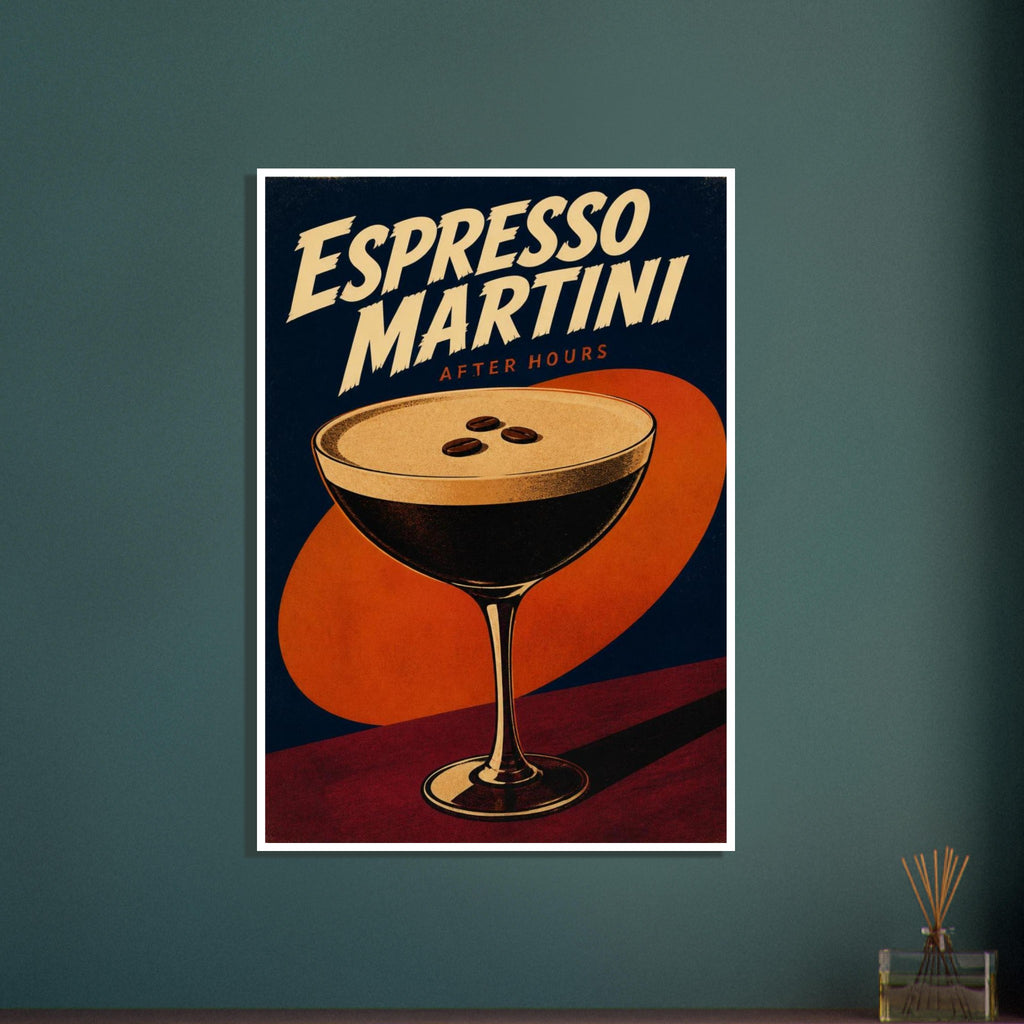Espresso martini glass with foam and three coffee beans, cream lettering, an orange oval and navy background.
