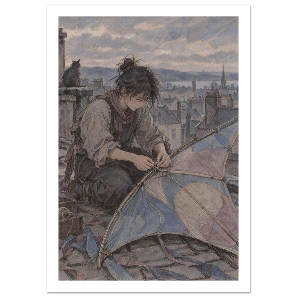 Seated figure mending a blue and beige patchwork kite on a rooftop, with a cat, chimneys and a cloudy sky behind.