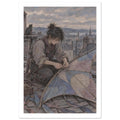Seated figure mending a blue and beige patchwork kite on a rooftop, with a cat, chimneys and a cloudy sky behind.