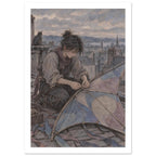 Seated figure mending a blue and beige patchwork kite on a rooftop, with a cat, chimneys and a cloudy sky behind.