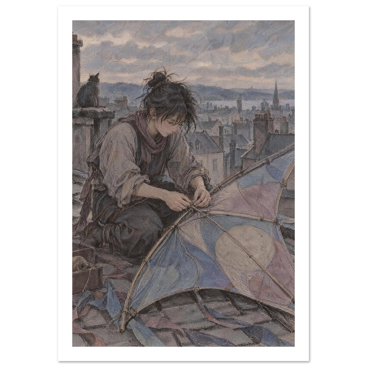 Seated figure mending a blue and beige patchwork kite on a rooftop, with a cat, chimneys and a cloudy sky behind.