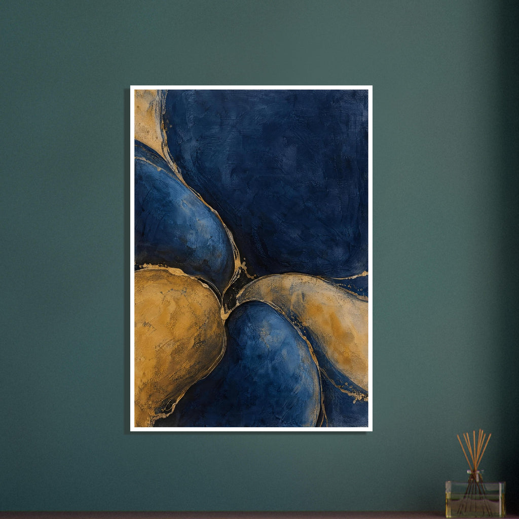 Rounded navy blue and ochre-gold abstract shapes with fine gold-toned edges and mottled, painterly textures.