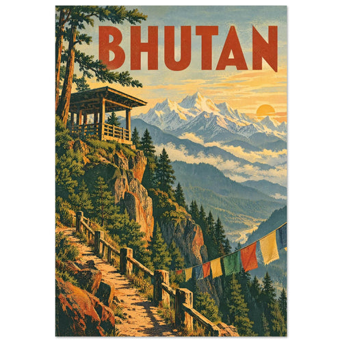 Bhutan travel poster with snowy mountains, pine cliffs, a wooden pavilion, colourful flags and bold red lettering.
