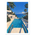 Turquoise swimming pool with foreground handrails, a cream villa, palm trees and a convertible overlooking the blue sea.