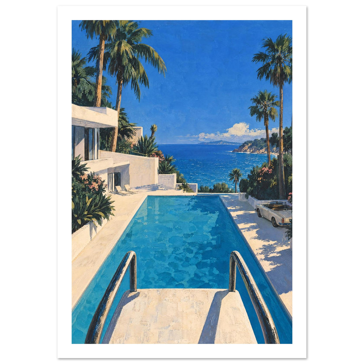 Turquoise swimming pool with foreground handrails, a cream villa, palm trees and a convertible overlooking the blue sea.