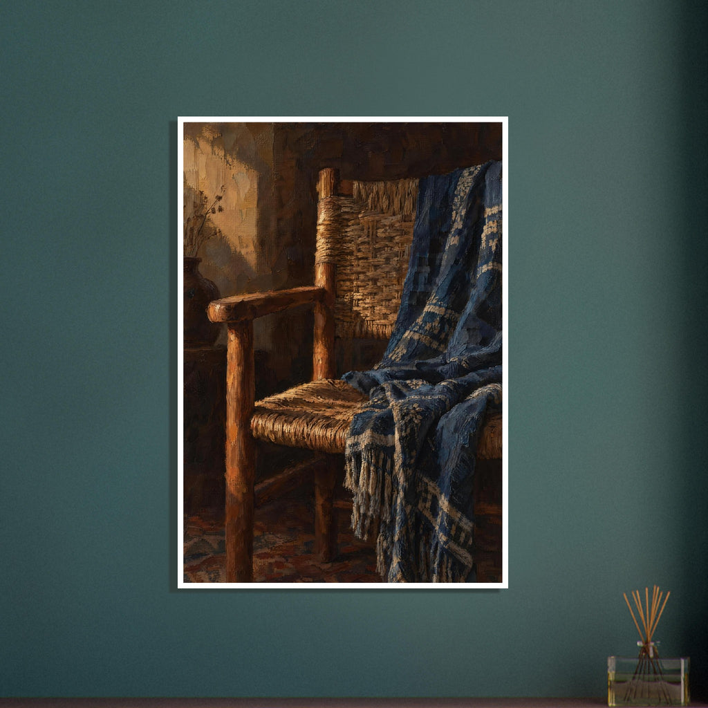 Wooden woven chair draped with a patterned blue fringed throw, painted in warm light against a dark brown interior.