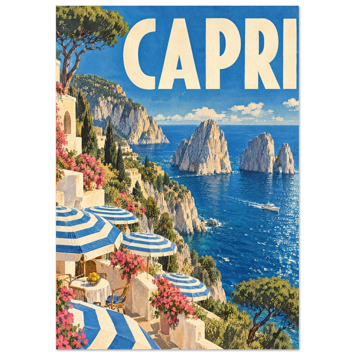 Capri coastal illustration with cream lettering, sea stacks, blue sea, striped parasols and flower-filled terraces.