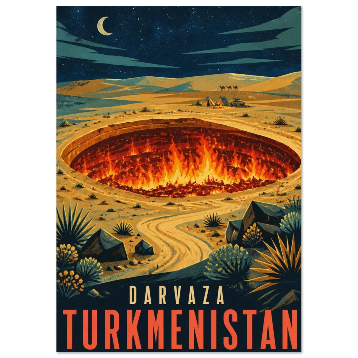 Darvaza desert poster with a flaming crater, golden dunes and crescent moon above bold Turkmenistan lettering.