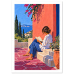 Woman Reading Coastal Art Print – White Border